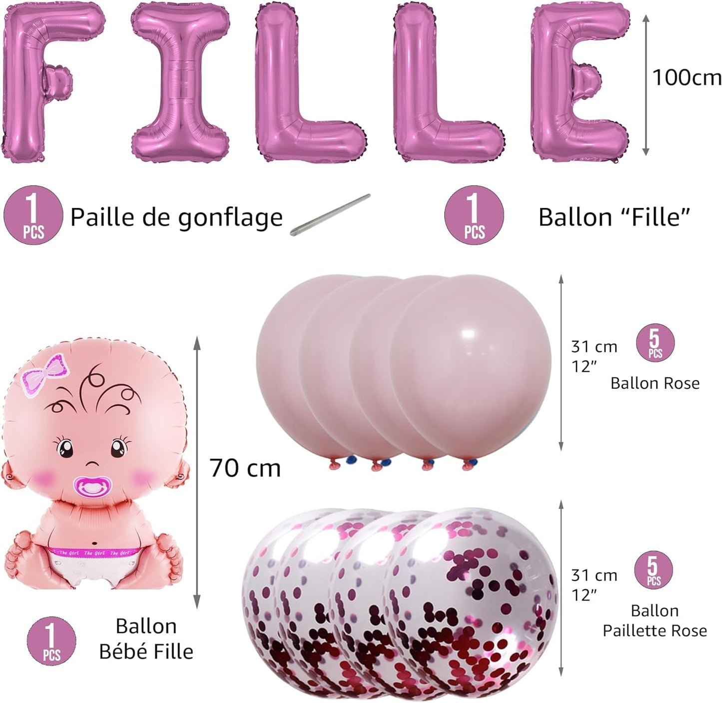 Décoration Baby Shower Fille – Pack 16 Pièces : Lettres FILLE, Bébé, Ballons Latex & Confettis – Funfest