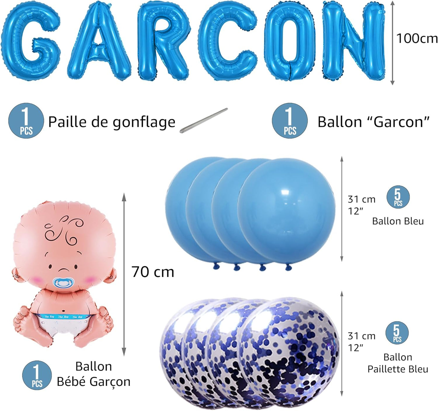 Décoration Baby Shower Garçon – Pack 16 Pièces : Lettres GARCON, Bébé, Ballons Latex & Confettis – Funfest