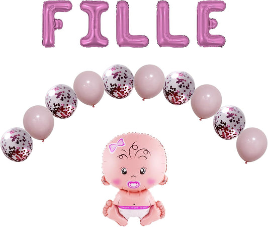 Décoration Baby Shower Fille – Pack 16 Pièces : Lettres FILLE, Bébé, Ballons Latex & Confettis – Funfest