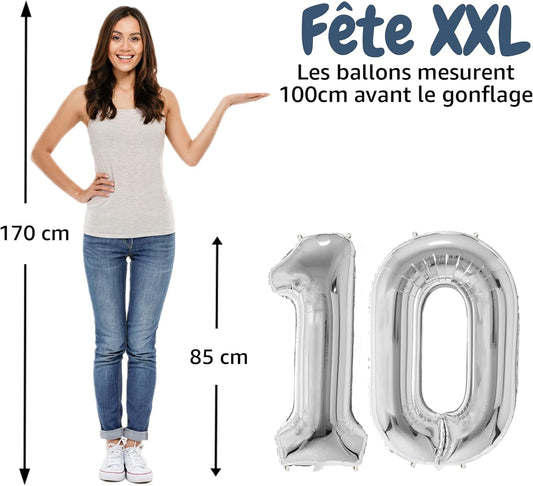 Ballon Anniversaire Chiffre Géant 100 cm – Argent – Hélium ou Air – Réutilisable avec Paille – FUNFEST
