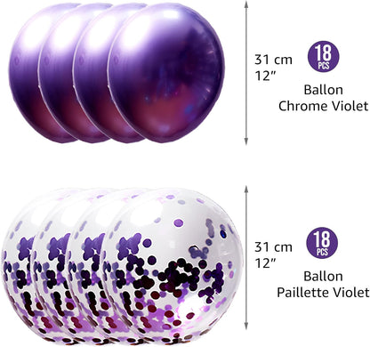 Pack de 36 Ballons Violet Latex avec Paillettes – 30 cm – Hélium ou Air – Décoration Anniversaire & Fête – FUNFEST