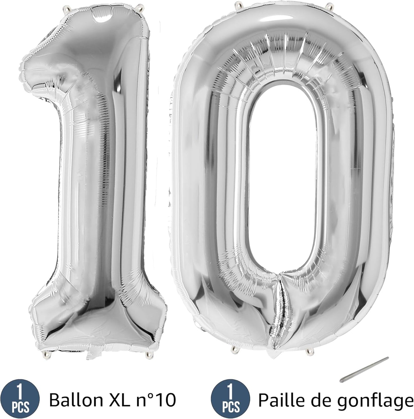 Ballon Anniversaire Chiffre Géant 100 cm – Argent – Hélium ou Air – Réutilisable avec Paille – FUNFEST