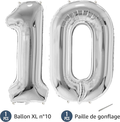 Ballon Anniversaire Chiffre Géant 100 cm – Argent – Hélium ou Air – Réutilisable avec Paille – FUNFEST