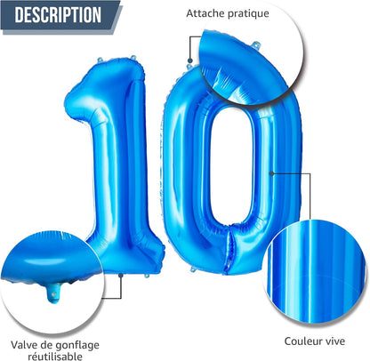 Ballon Anniversaire Chiffre Géant 100 cm – Bleu – Hélium ou Air – Réutilisable avec Paille – FUNFEST
