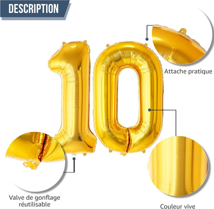Ballon Anniversaire Chiffre Géant 100 cm – Or – Hélium ou Air – Réutilisable avec Paille – FUNFEST