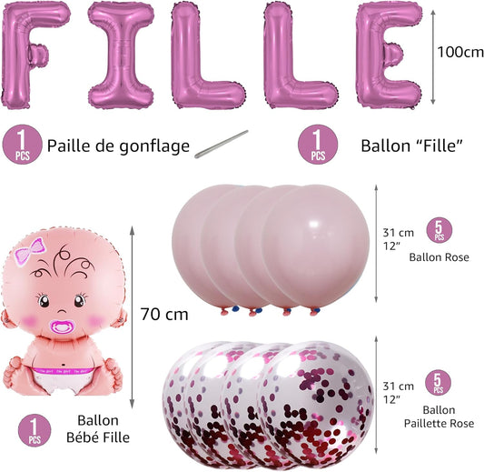 Décoration Baby Shower Fille – Pack 16 Pièces : Lettres FILLE, Bébé, Ballons Latex & Confettis – Funfest