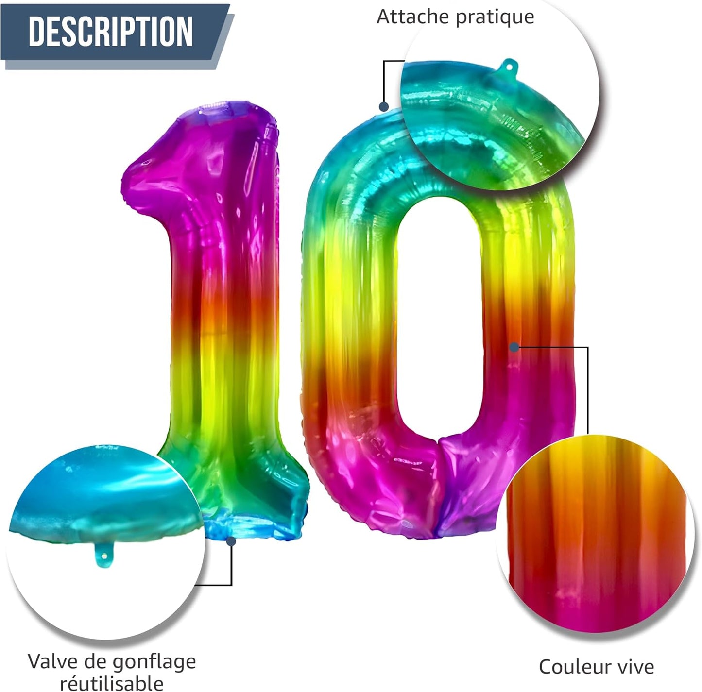 Ballon Anniversaire Chiffre Géant 100 cm – Arc-en-ciel – Hélium ou Air – Réutilisable avec Paille – FUNFEST