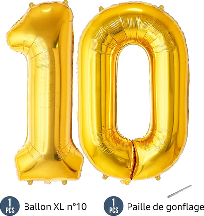 Ballon Anniversaire Chiffre Géant 100 cm – Or – Hélium ou Air – Réutilisable avec Paille – FUNFEST