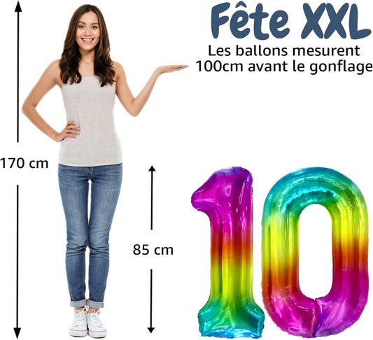 Ballon Anniversaire Chiffre Géant 100 cm – Arc-en-ciel – Hélium ou Air – Réutilisable avec Paille – FUNFEST