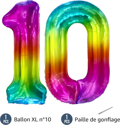Ballon Anniversaire Chiffre Géant 100 cm – Arc-en-ciel – Hélium ou Air – Réutilisable avec Paille – FUNFEST