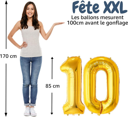Ballon Anniversaire Chiffre Géant 100 cm – Or – Hélium ou Air – Réutilisable avec Paille – FUNFEST