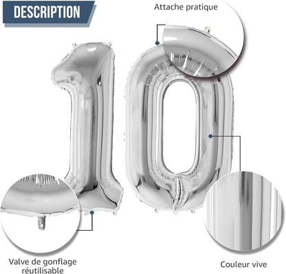 Ballon Anniversaire Chiffre Géant 100 cm – Argent – Hélium ou Air – Réutilisable avec Paille – FUNFEST