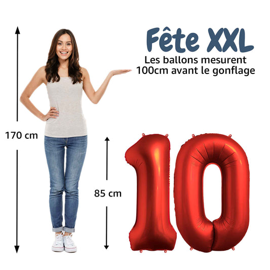 Ballon Anniversaire Chiffre Géant 100 cm – Rouge chrome – Hélium ou Air – Réutilisable avec Paille – FUNFEST
