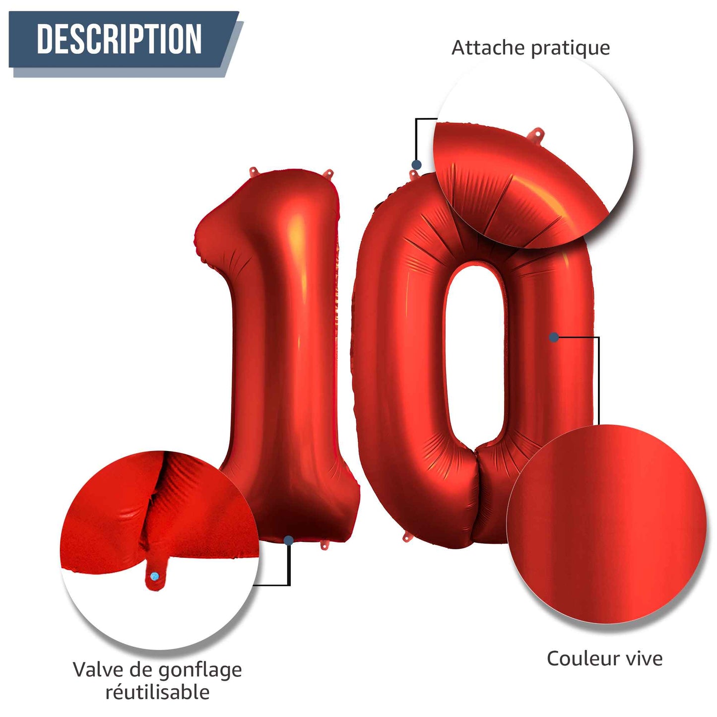Ballon Anniversaire Chiffre Géant 100 cm – Rouge chrome – Hélium ou Air – Réutilisable avec Paille – FUNFEST